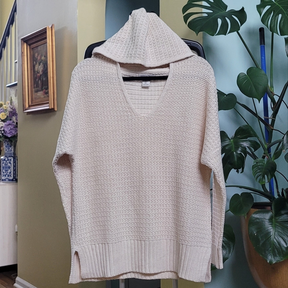 Rachel Zoe Hoodie Womens Pullover Sweater Knit Cream V-Neck Size Small